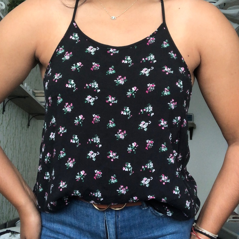 Black floral halter blouse